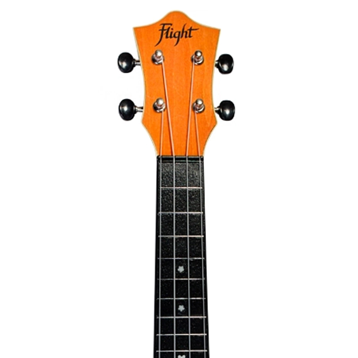 The Flight TUS-35 OR headstock close-up shows the Flight logo, open-geared tuners, and ABS fretboard with white dot markers.