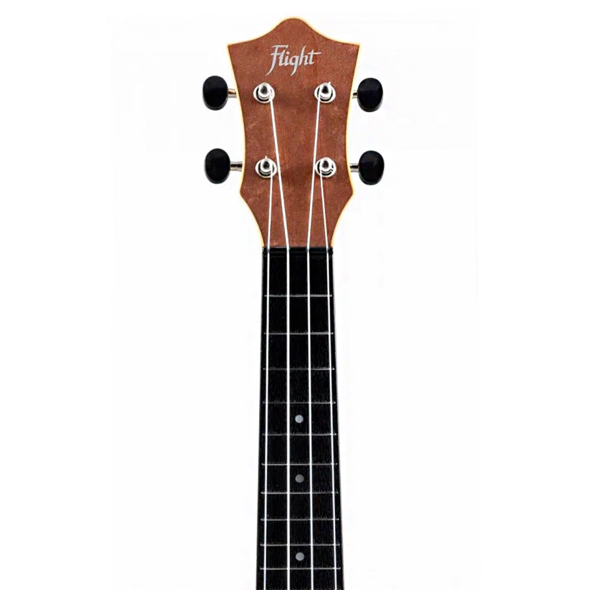 The Flight TUS-65 Copper headstock close-up shows the Flight logo, open-geared tuners, and ABS fretboard with silver dot markers.