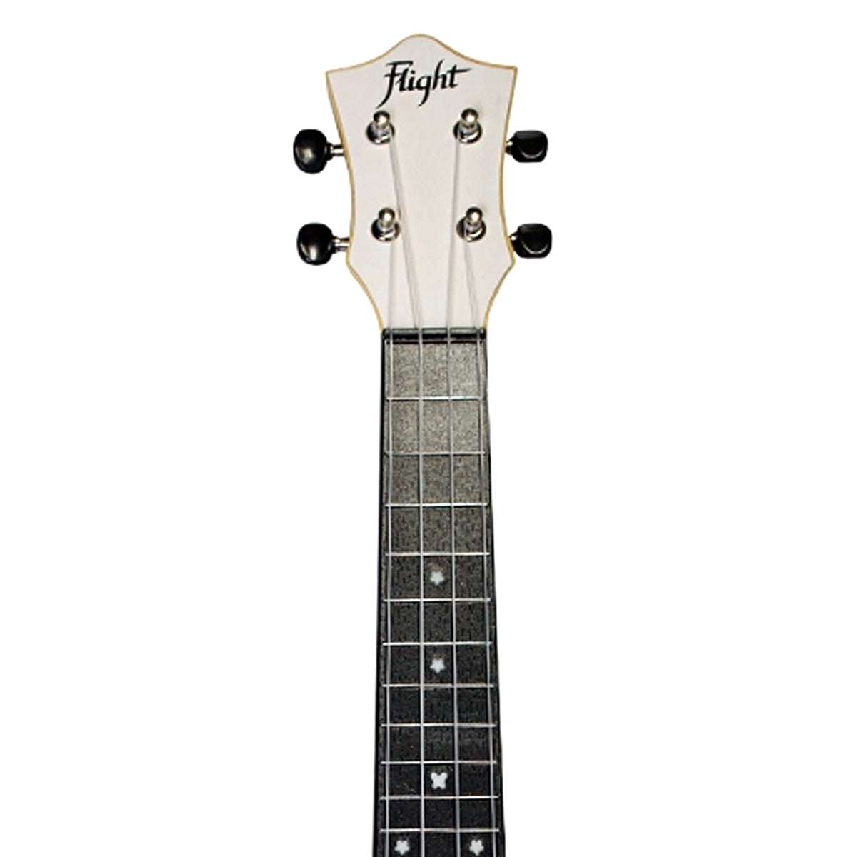 The Flight TUS-35 WH headstock close-up shows the Flight logo, open-geared tuners, and ABS