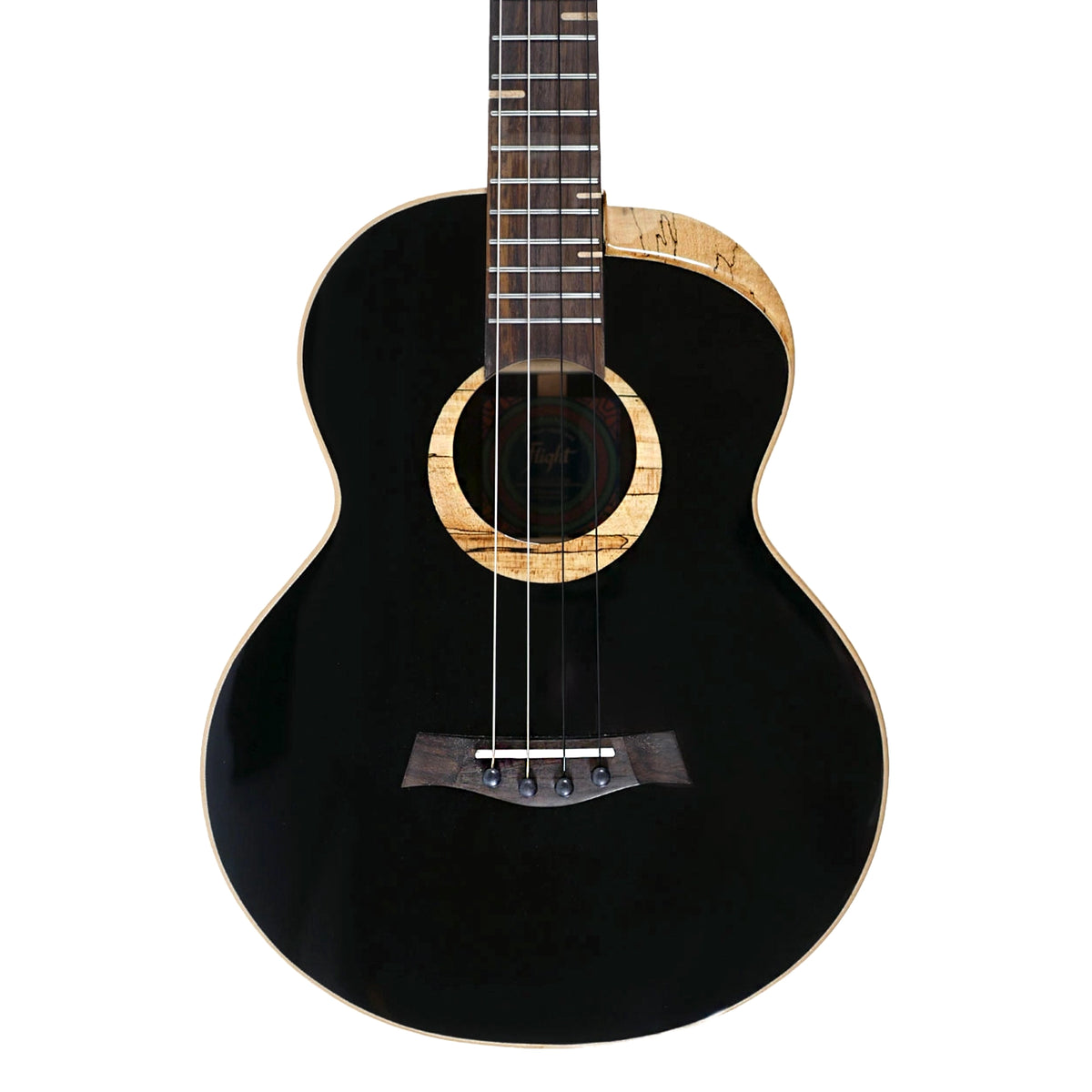 The Flight 4SB Baritone Ukulele features a black solid spruce top, spalted maple rosette, scalloped cutaway, and rosewood bridge.
