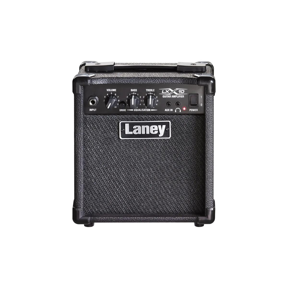 Laney LX10 black 10W electric guitar combo amp, front with Laney badge