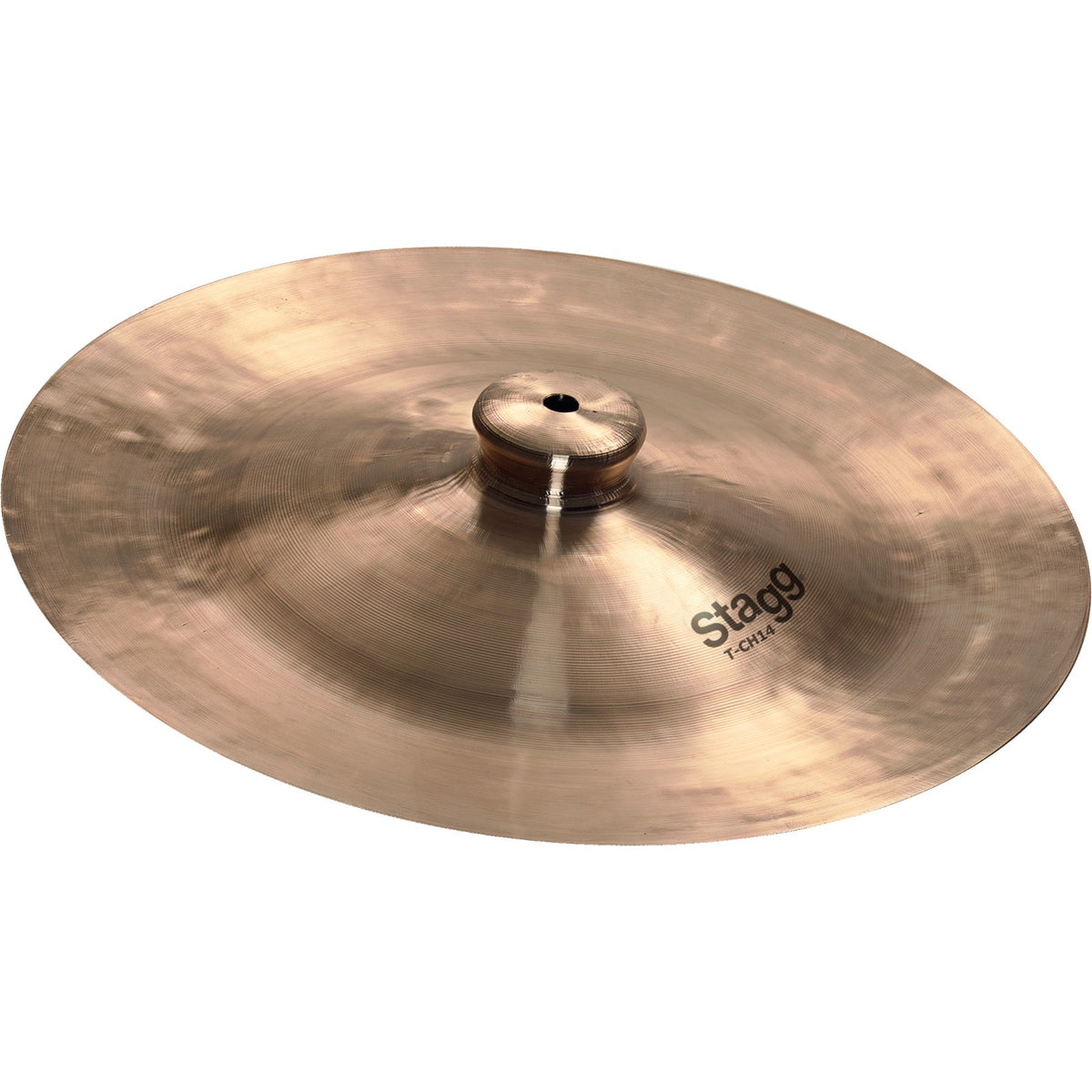 Stagg Traditional China Lion cymbal, angled view of the bronze china cymbal with upturned edge, raised bell and Stagg T-CH14 logo