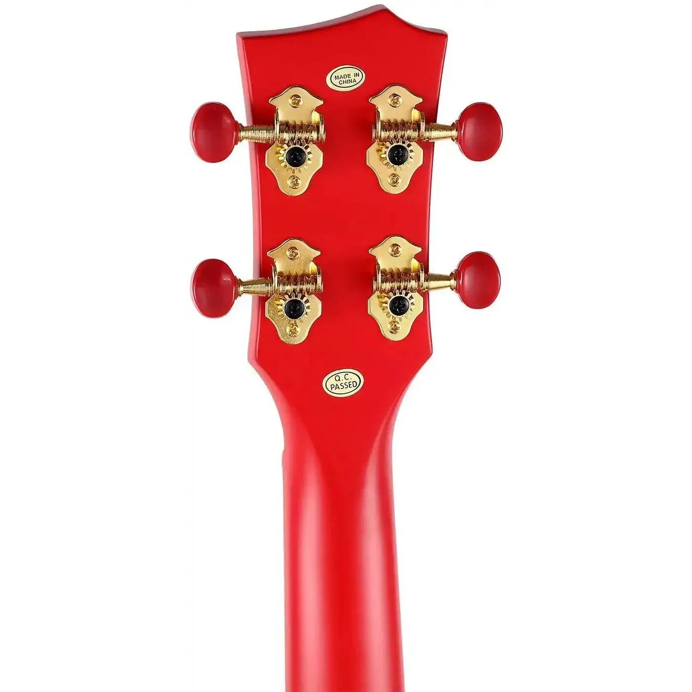 Red ukulele headstock with gold tuners and red pegs, Terry Carter Music Store product photo