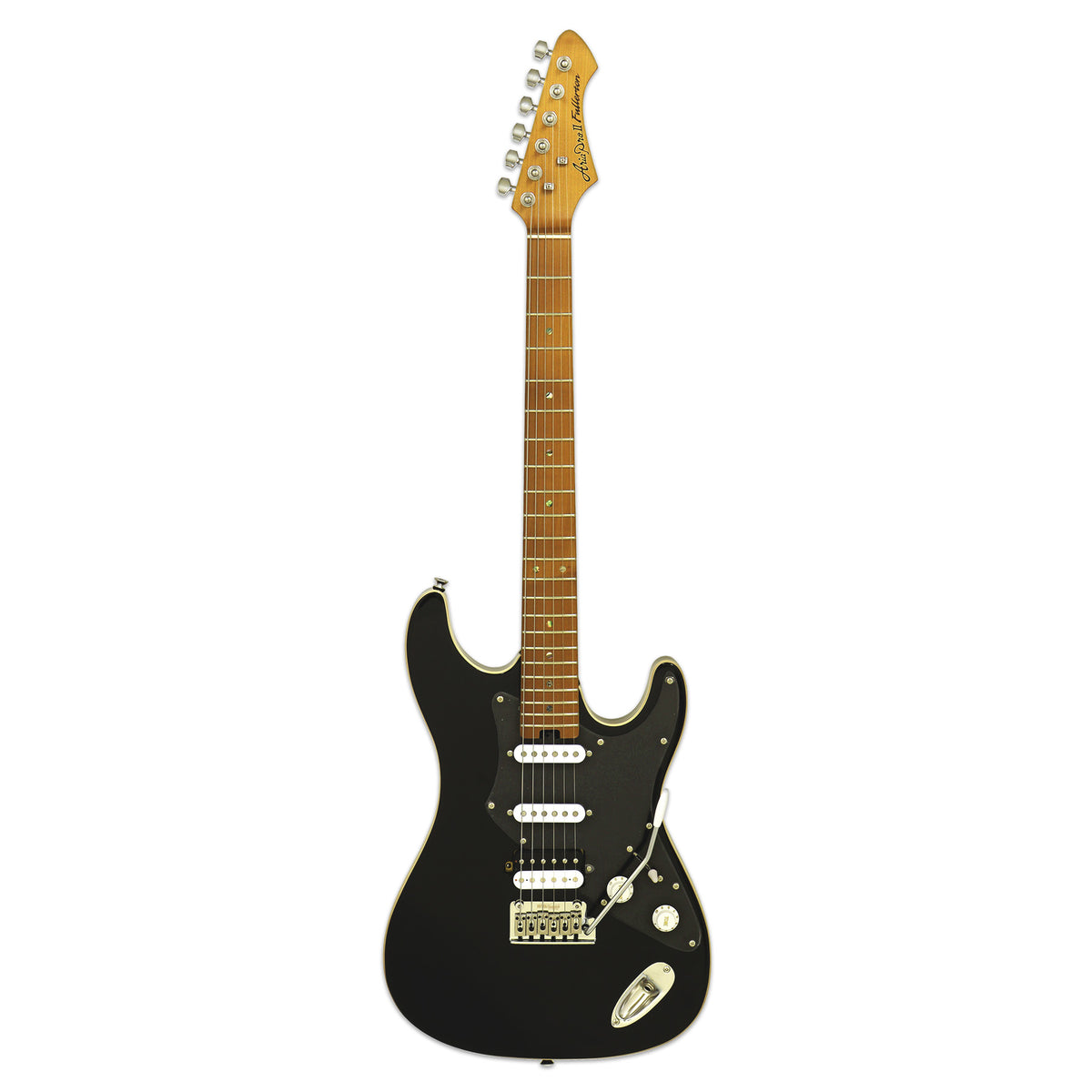 Aria 714-DG Fullerton Hot Rod electric guitar in black with a roasted maple neck, full-length front view