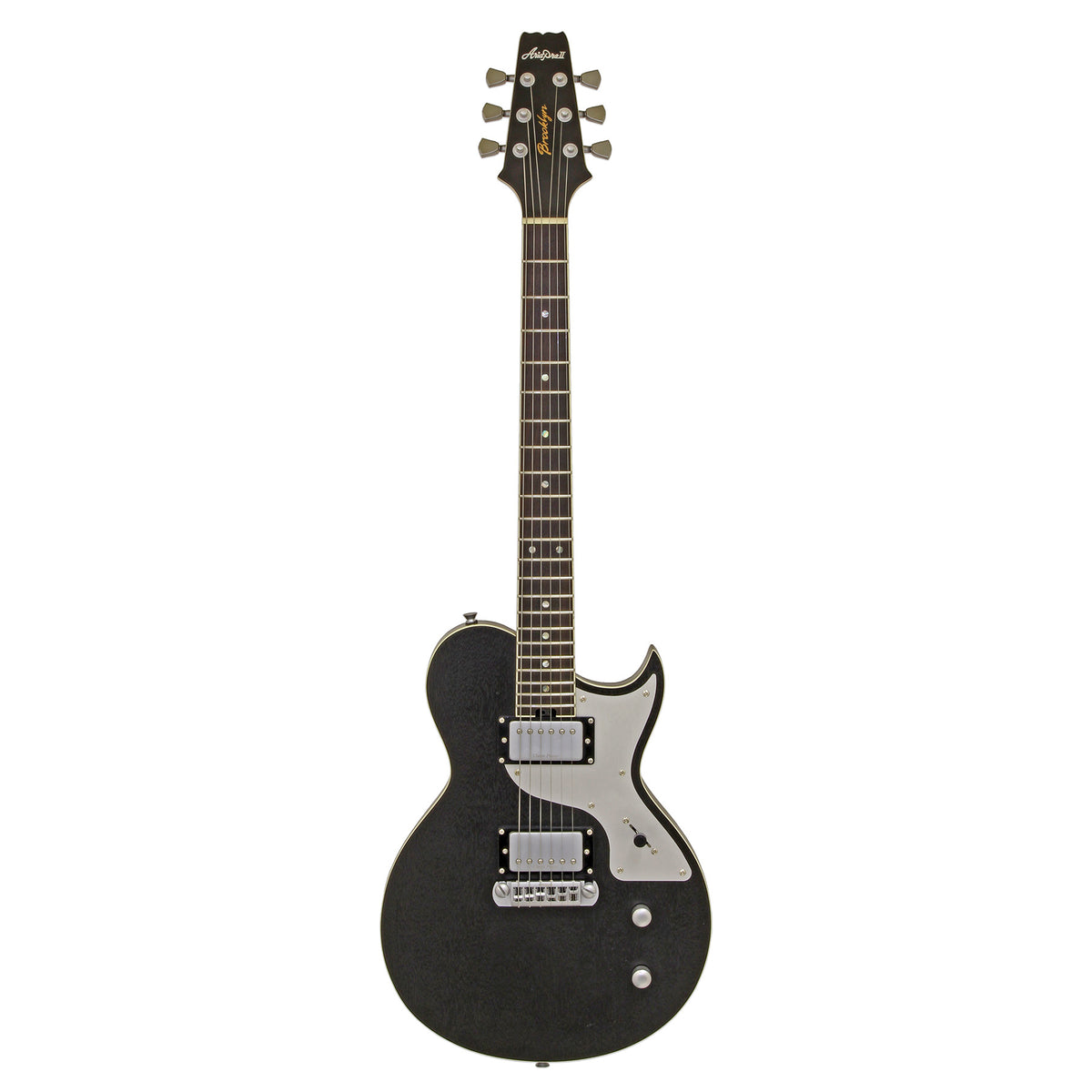 Aria 718-MK2 Brooklyn Hot Rod electric guitar in open pore black with a chrome pickguard, full-length front view