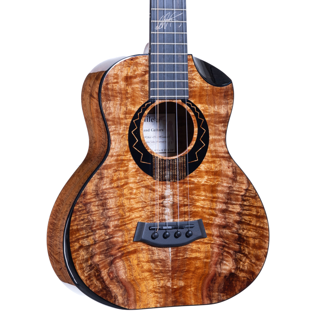 Close-up of the figured Hawaiian koa top with Willie K Maui Tribe rosette, ebony bridge and arm rest on Kanile'a Willie K 5-string super tenor ukulele, serial 30288