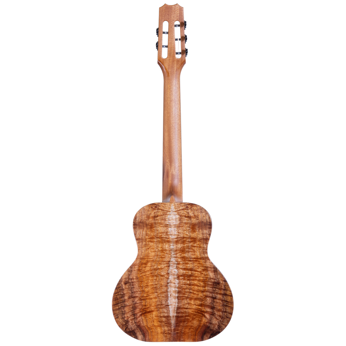 Full back view of Kanile'a Willie K 5-string super tenor ukulele serial 30288 with koa back, mahogany neck and black Gotoh tuners
