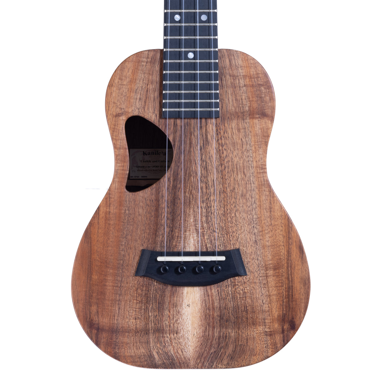 Kanile'a D-1 Natural Koa Concert Ukulele, serial 30095: upper bout and soundhole close-up