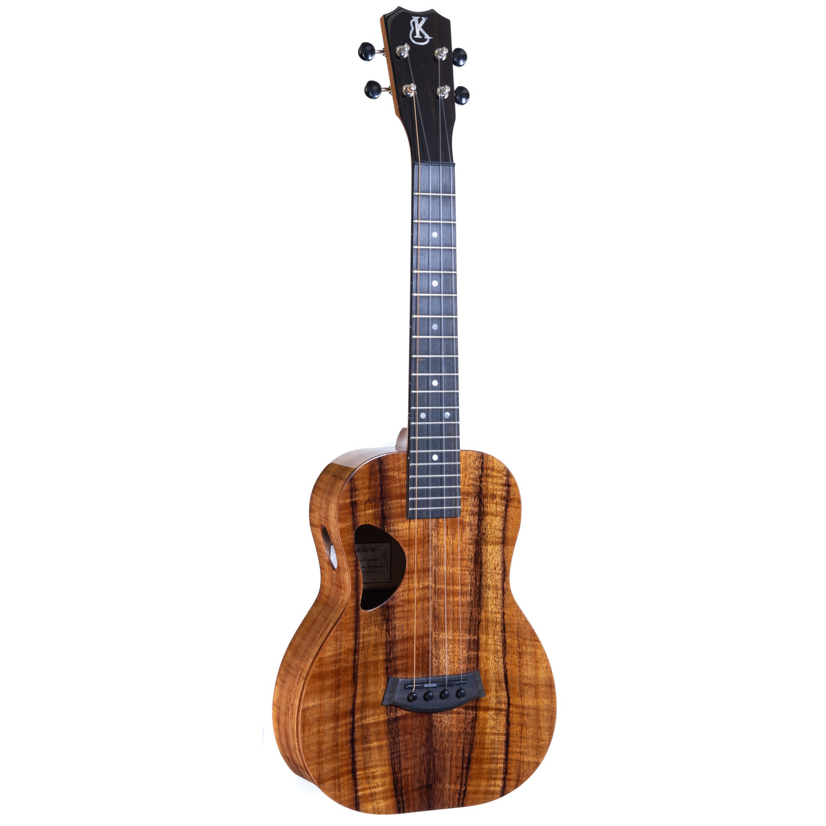 Kanile'a D-1 Pro 6-string tenor ukulele, serial 30091, front view at an angle showing the koa top and ebony fretboard