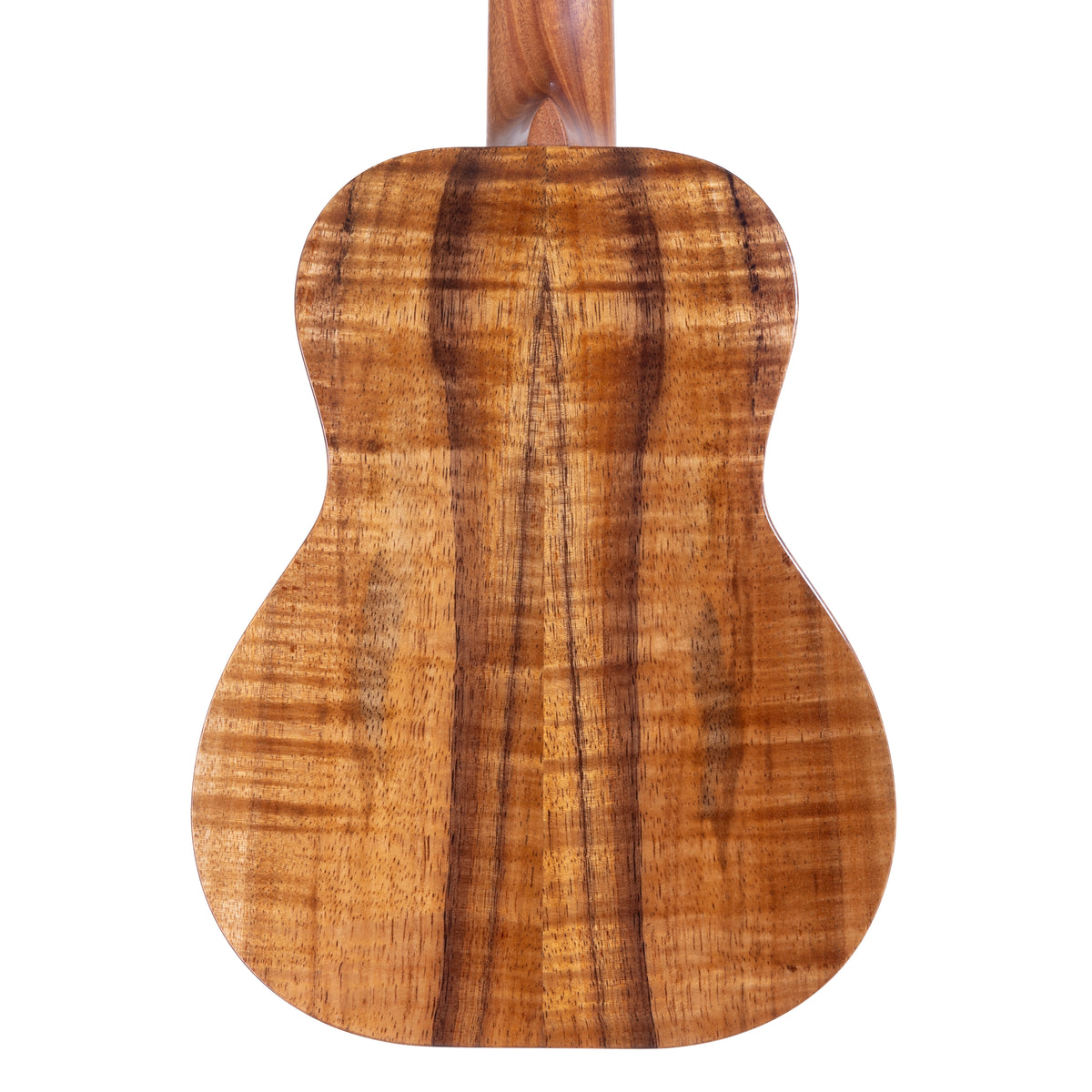 Back of Kanile'a K-1 tenor ukulele serial 30298 showing the figured koa back and mahogany neck heel