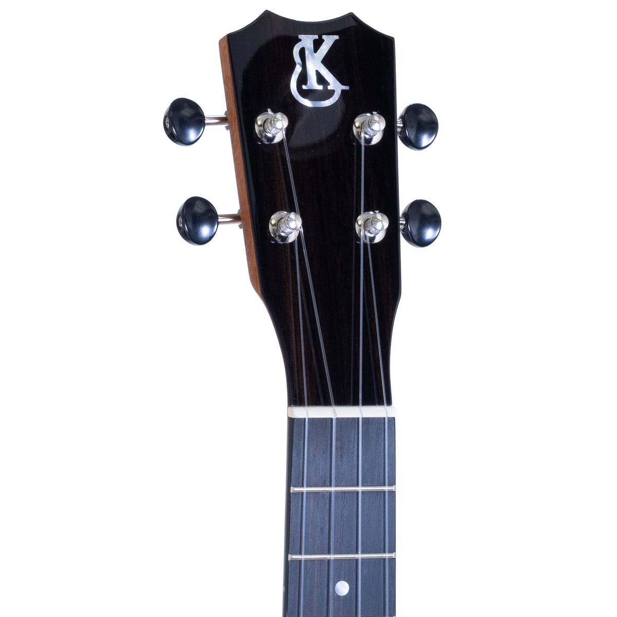 Ebony crown headstock with white mother-of-pearl Kanile'a logo and chrome open gear tuners on serial 30298