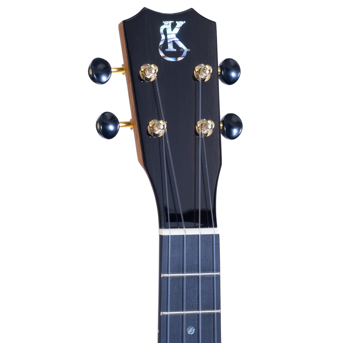 Ebony crown headstock with Paua abalone Kanile'a logo and gold open gear tuners on serial 30307
