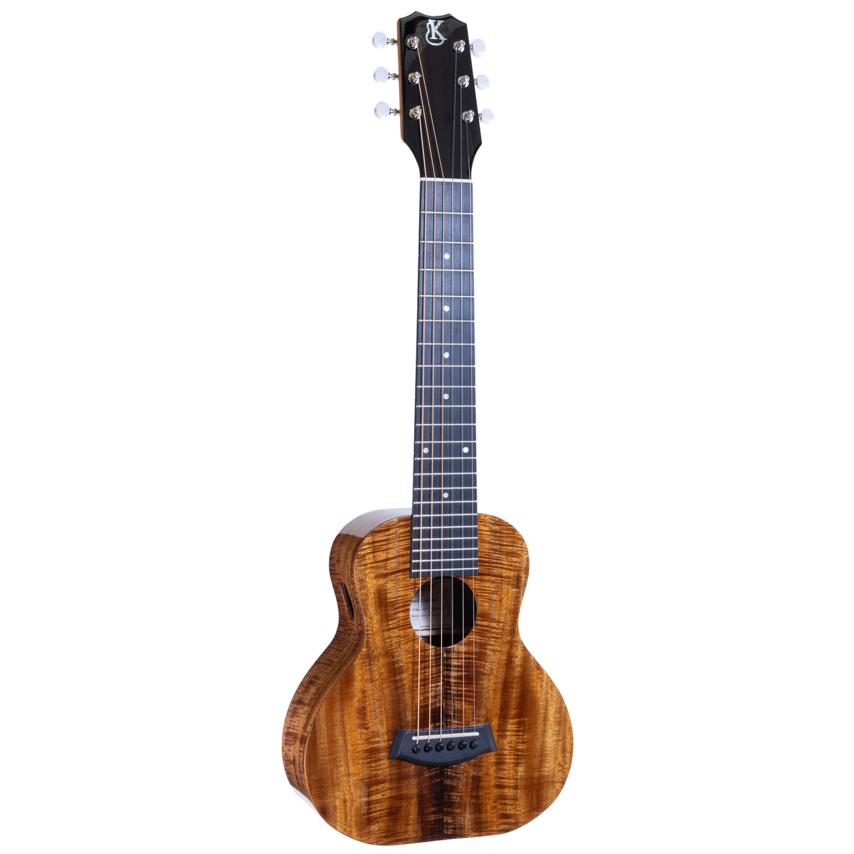 Kanile'a K-1 GL6 Pro guitarlele, serial 30199, front view at an angle showing the koa top and six-string ebony fretboard