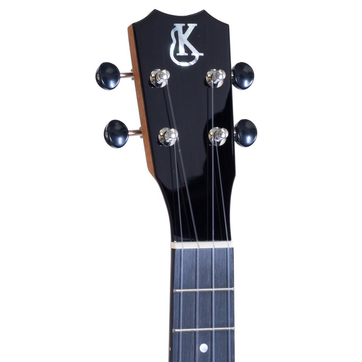 Ebony crown headstock with white mother-of-pearl Kanile'a logo and chrome open gear tuners on serial 30132