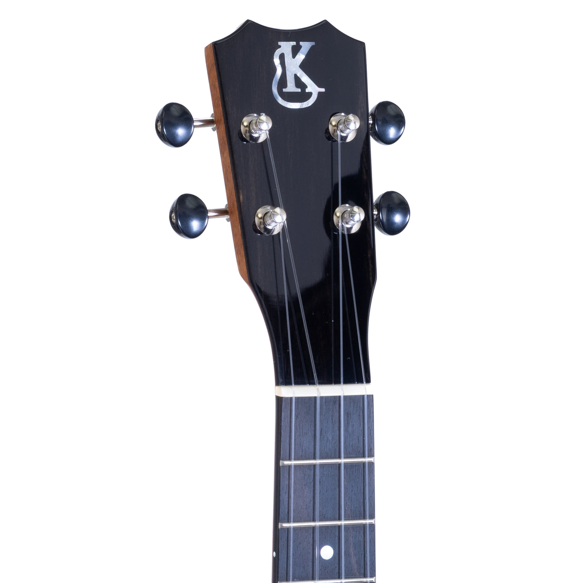 Ebony crown headstock with white mother-of-pearl Kanile'a logo and chrome open gear tuners on serial 30098