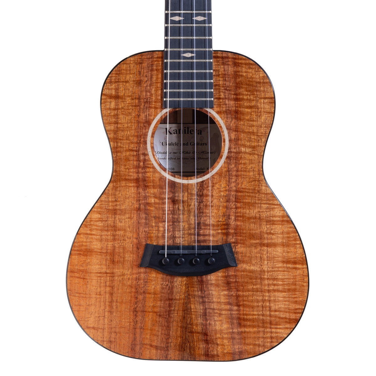 Kanile'a KTR-T Mastergrade Koa Tenor Ukulele, serial 30108: upper bout and soundhole close-up