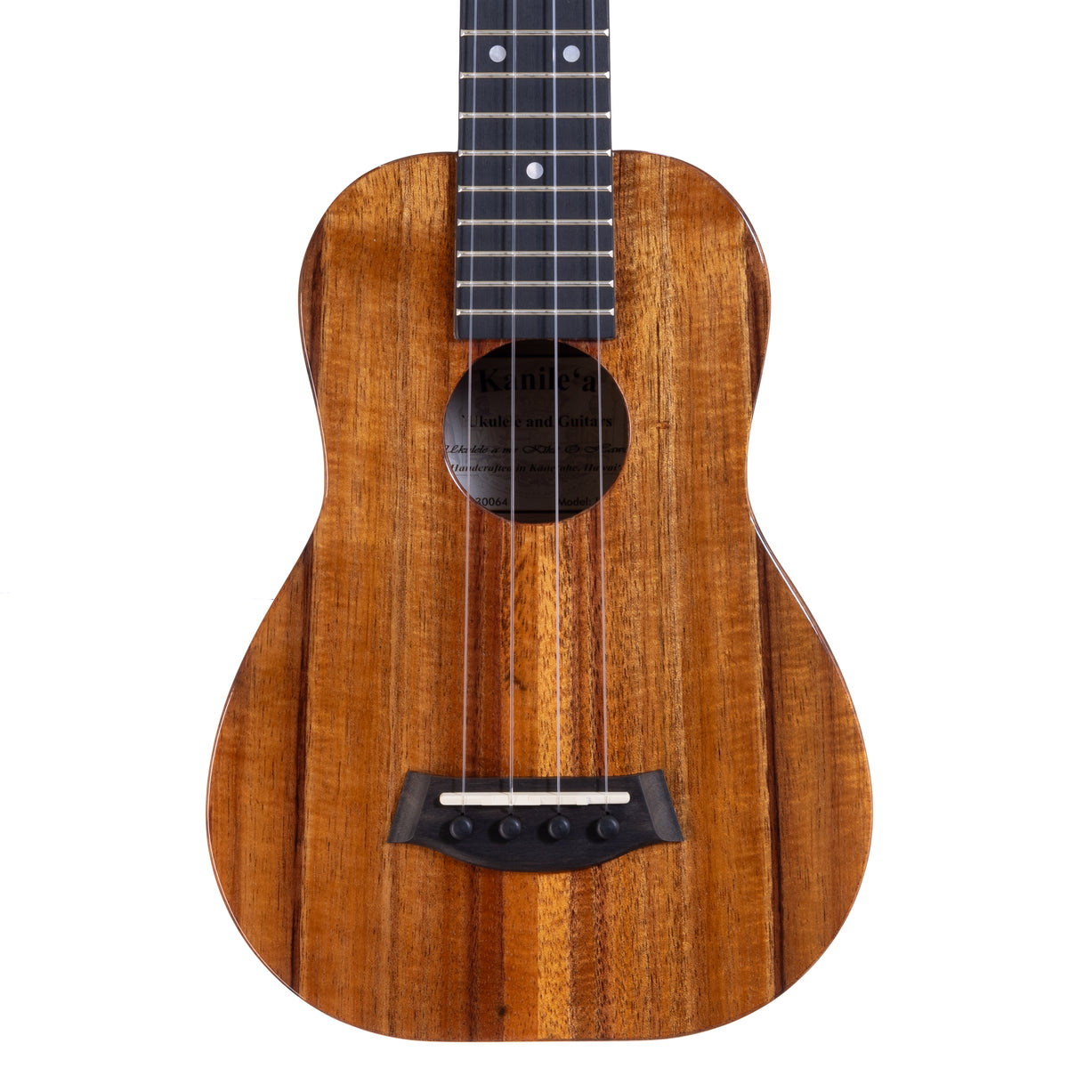 Kanile'a K-1 Deluxe Super Concert ukulele, serial 30064: close-up of the upper bout and neck joint