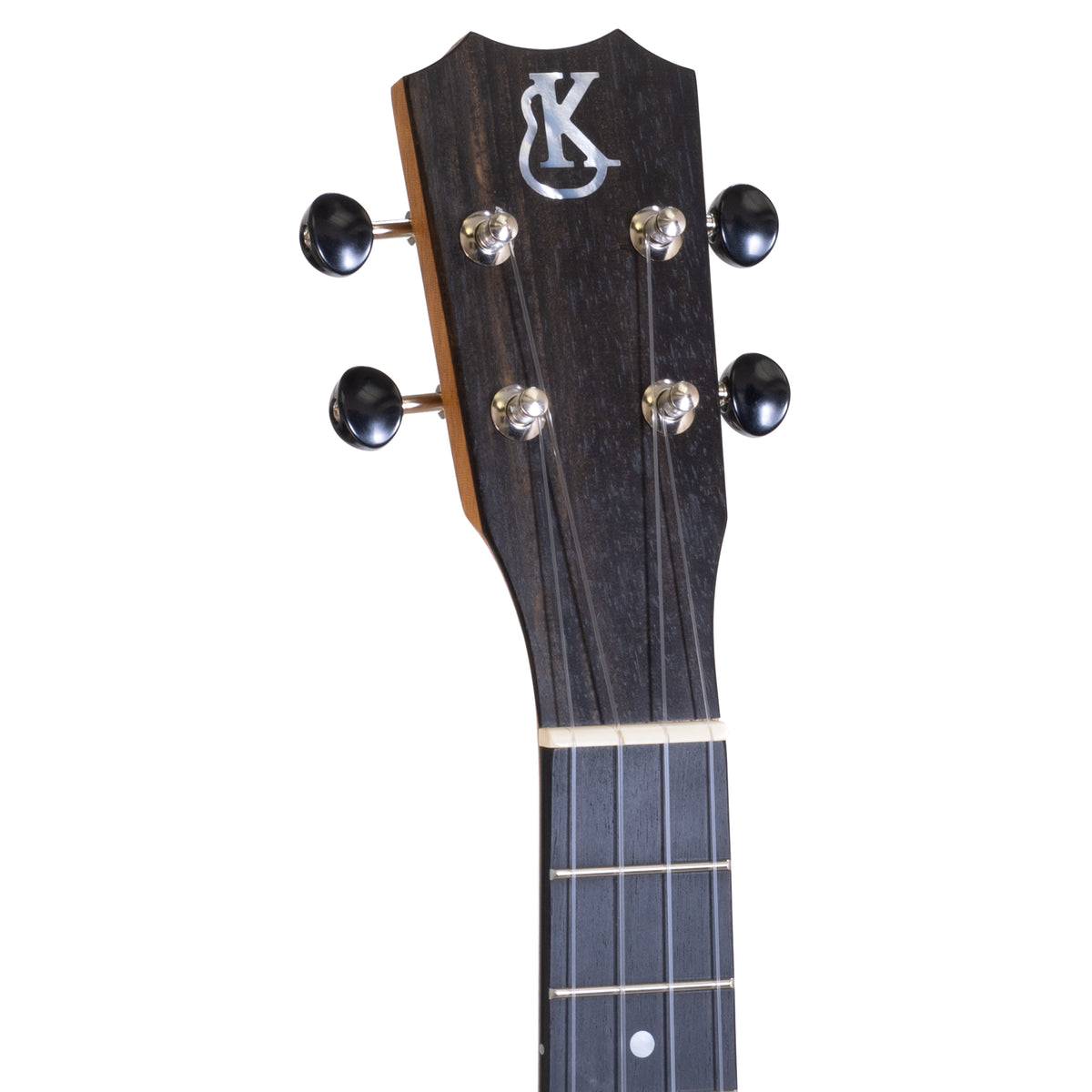 Ebony crown headstock with white mother-of-pearl Kanile'a logo and chrome open gear tuners on Kanile'a K-1 Natural tenor ukulele, serial 29971