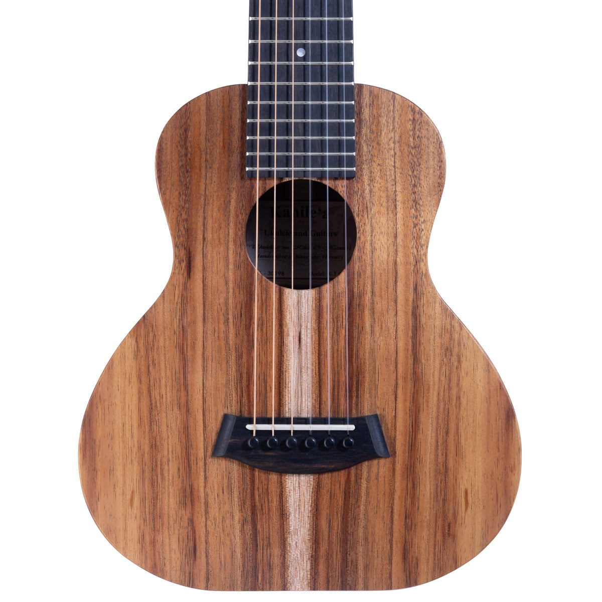 Kanile'a K-1 GL6 Natural Koa Guitarlele, serial 30198: upper bout and soundhole close-up