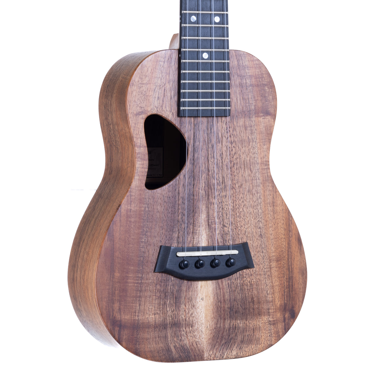 Kanile'a D-1 Natural Koa Concert Ukulele, serial 30095: close-up of the Select Grade koa top, bridge and soundhole