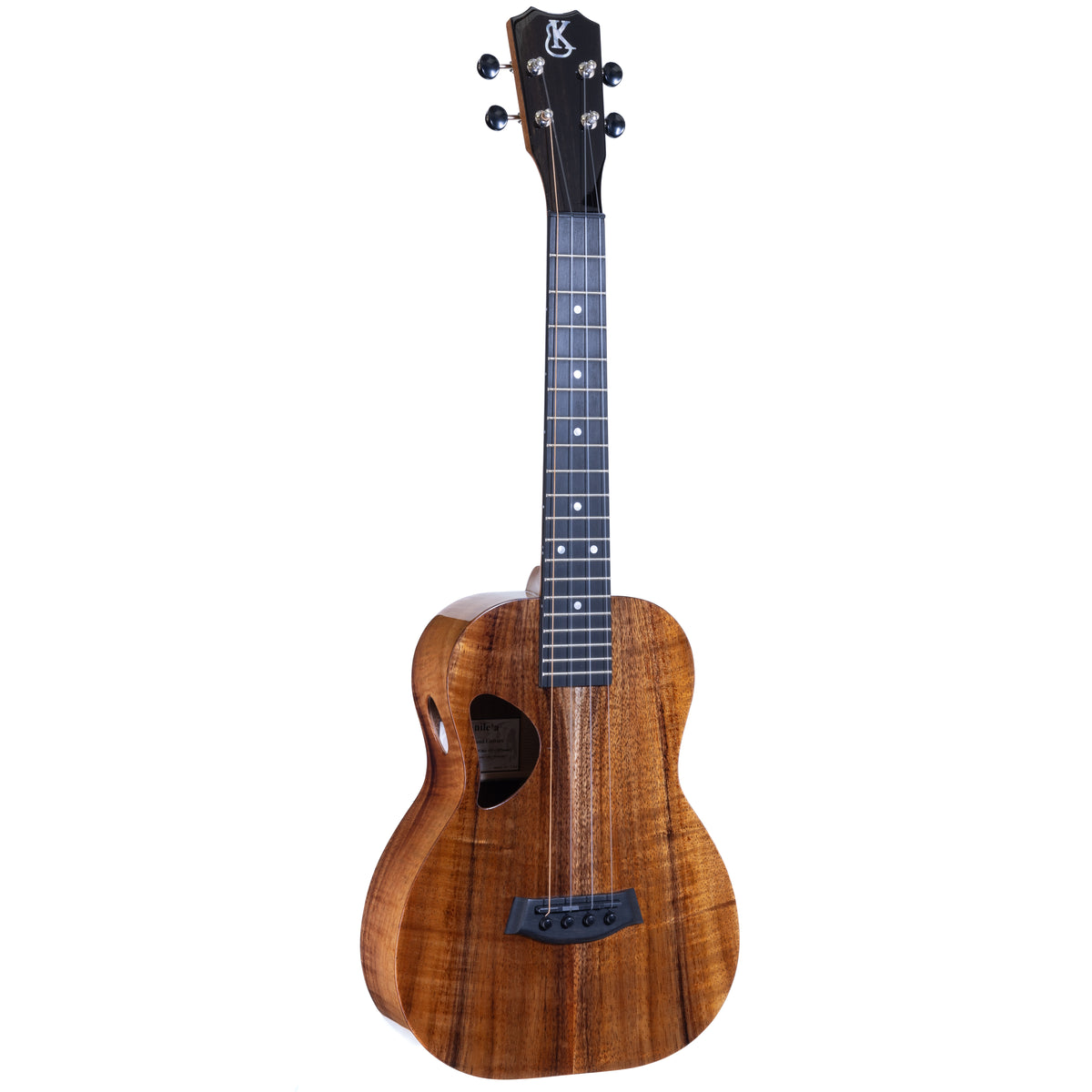 Kanile'a D-1 Pro 6-string tenor ukulele, serial 30186, front view at an angle showing the koa top and ebony fretboard