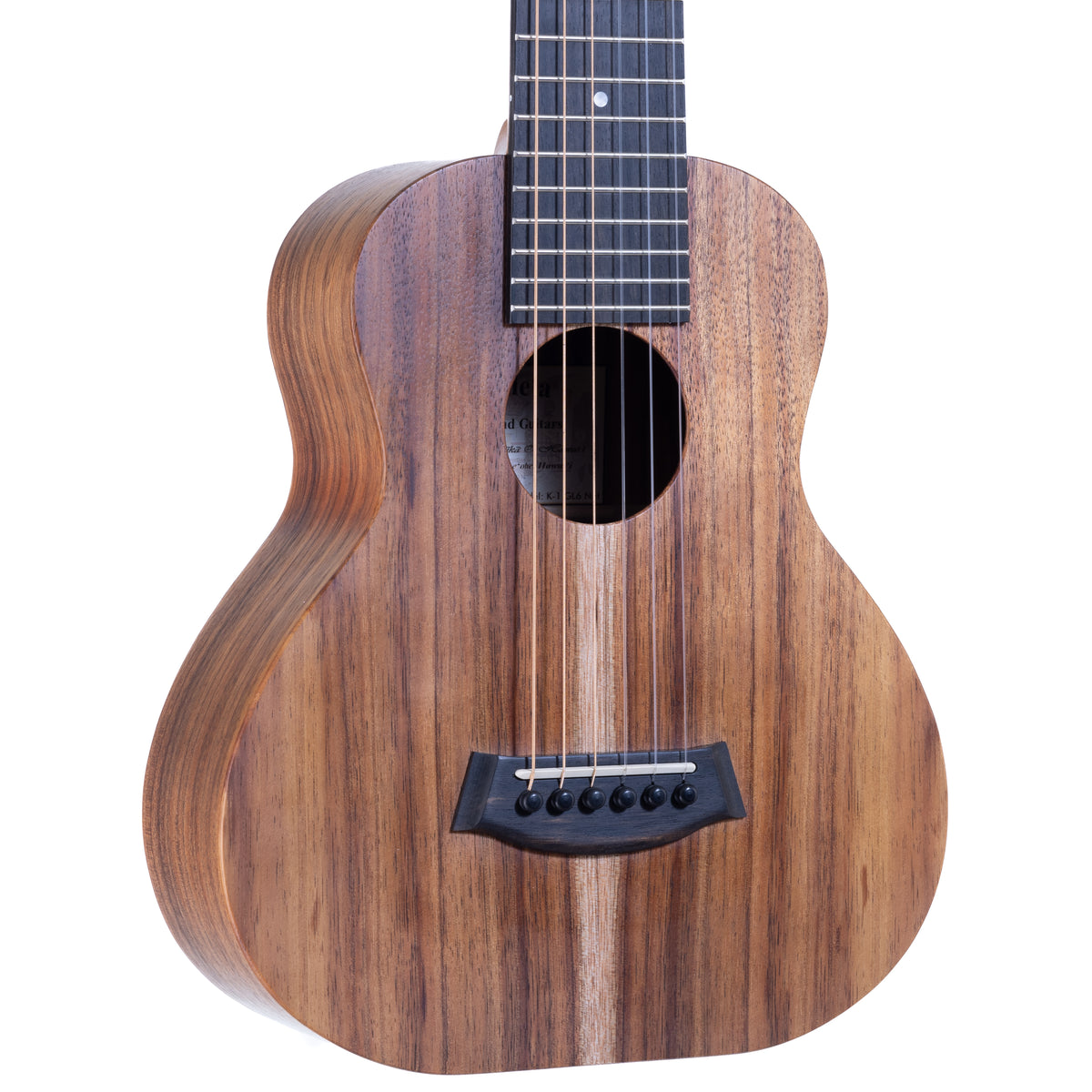 Kanile'a K-1 GL6 Natural Koa Guitarlele, serial 30198: close-up of the Select Grade koa top, bridge and soundhole
