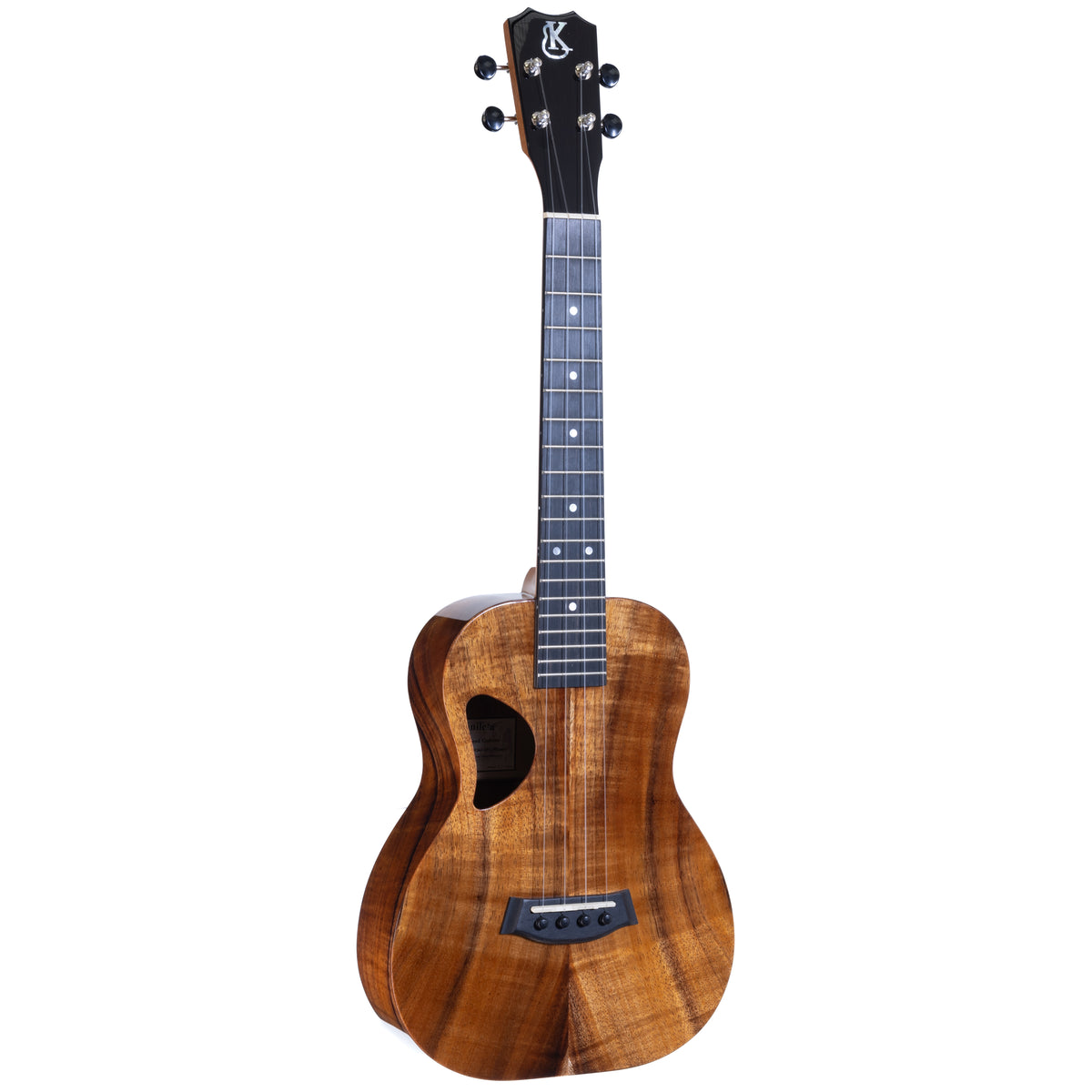 Kanile'a D-1 Deluxe tenor ukulele, serial 30132, front view at an angle showing the koa top and ebony fretboard