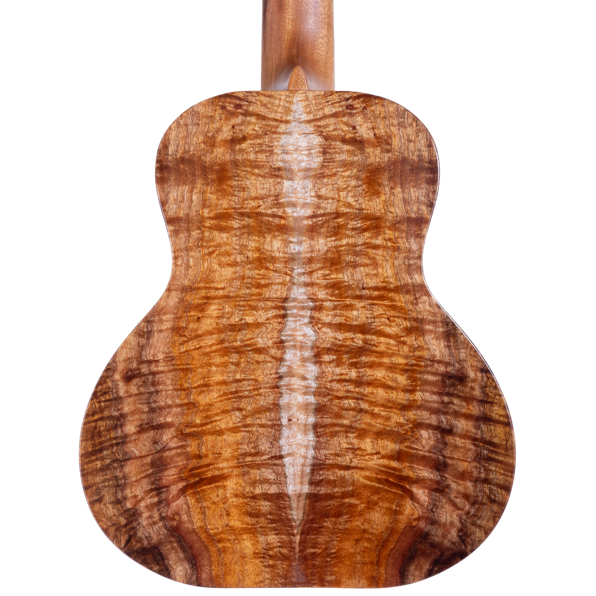Back of Kanile'a Willie K 5-string super tenor ukulele serial 30288 showing the figured koa back and mahogany neck heel