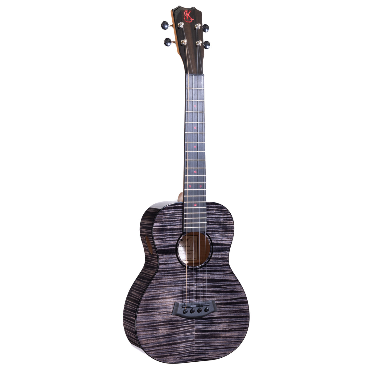 Kanile'a Pohaku Pro tenor ukulele, serial 30197, front view at an angle showing the flamed maple top and ebony fretboard