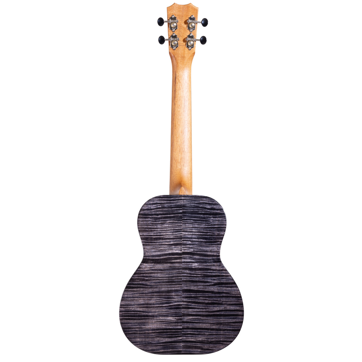 Full back view of Kanile'a Pohaku Pro tenor ukulele serial 30197 with flamed maple back and mahogany neck