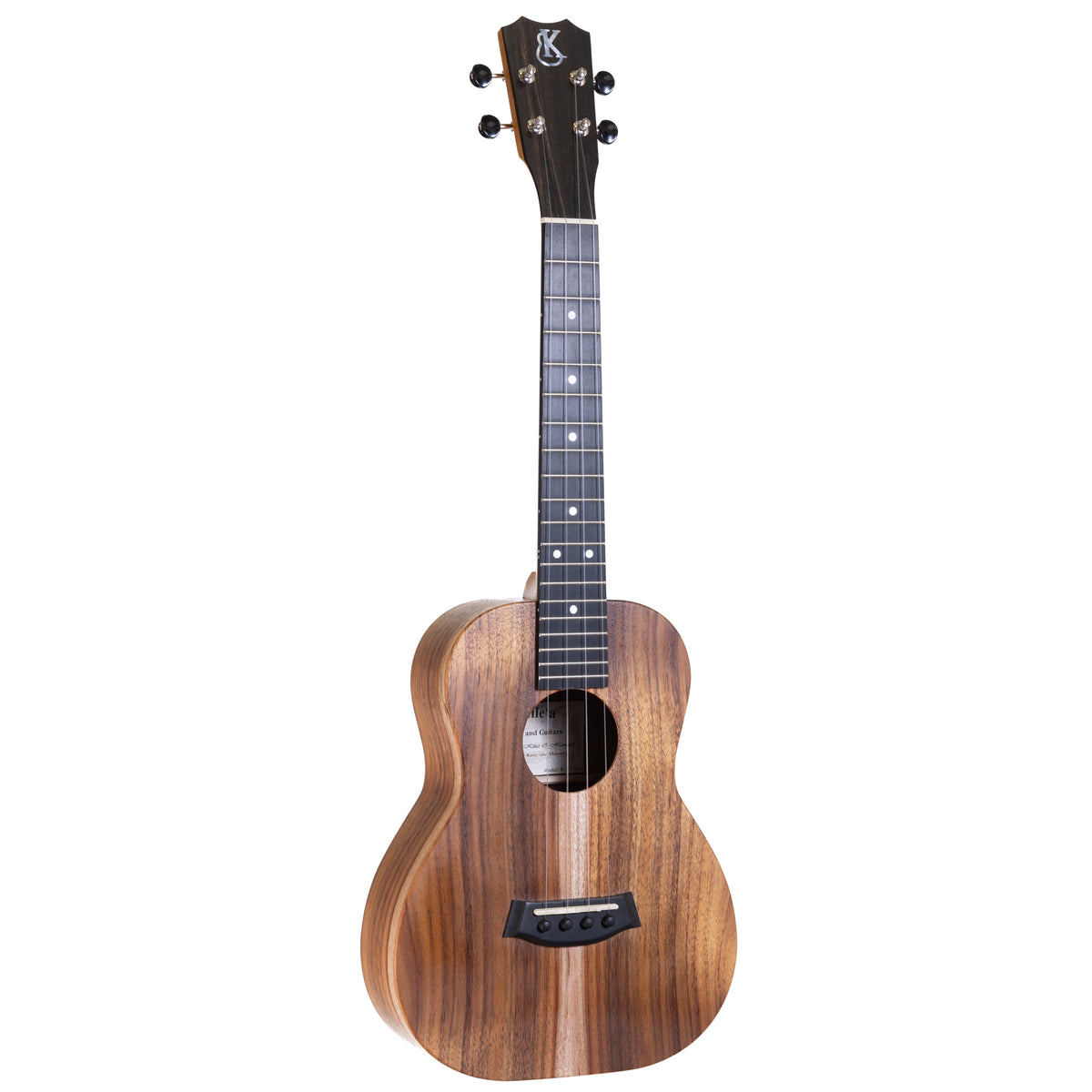 Kanile'a K-1 Natural tenor ukulele serial 29971, front view at an angle showing the koa top and ebony fretboard