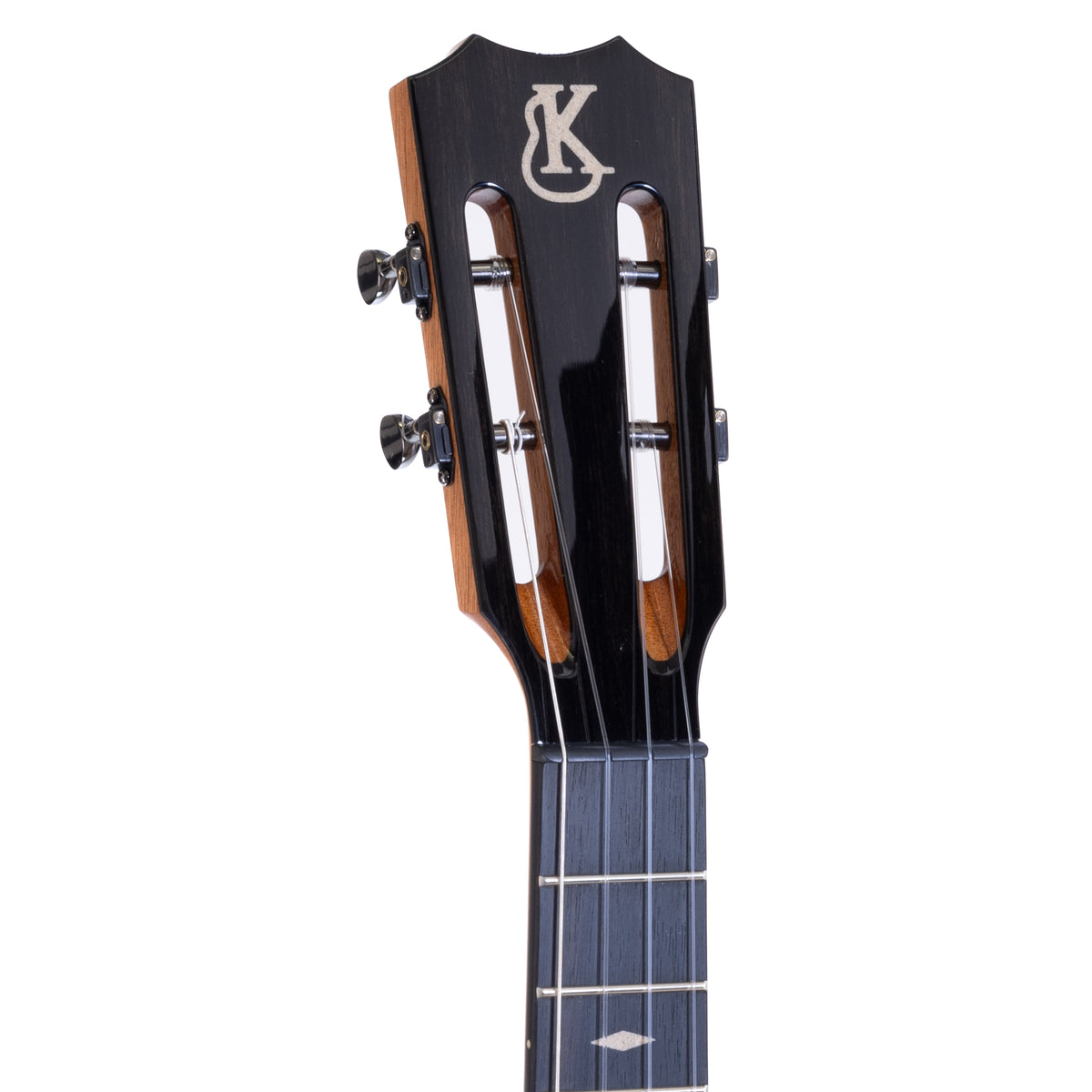 Kanile'a KTR-T Mastergrade Koa Tenor Ukulele, serial 30108: close-up of the headstock with black Gotoh tuners and a slotted headstock