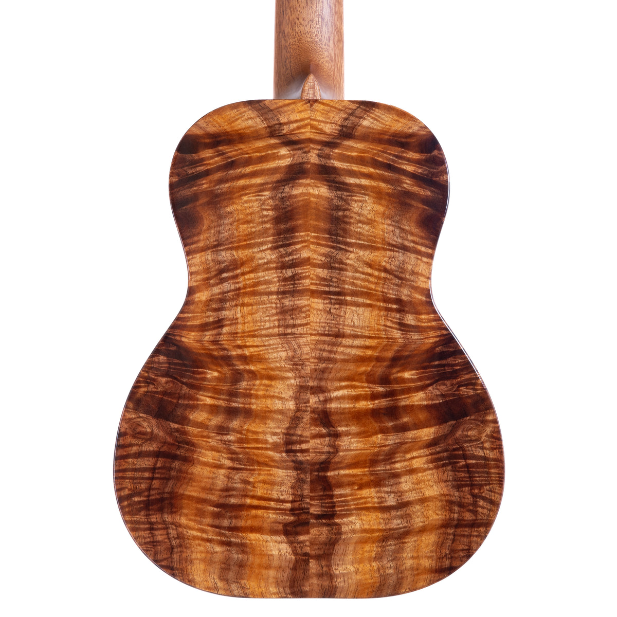 Back of Kanile'a DK-T Pro tenor ukulele serial 30299 showing the koa back grain and mahogany neck heel