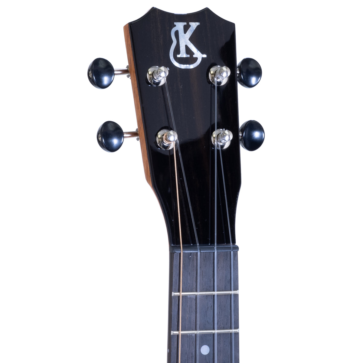 Kanile'a K-1 Premium Koa Pro Concert Ukulele, serial 30283: close-up of the headstock with chrome open-geared tuners and a Crown headstock