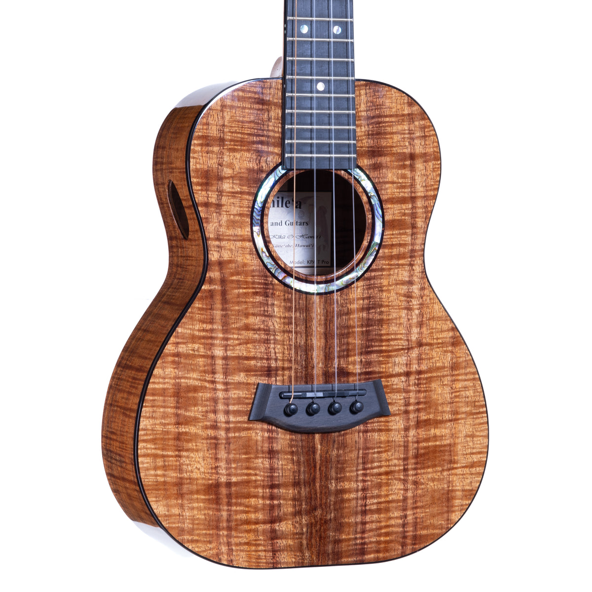 Close-up of the figured koa top, ebony bridge and abalone-ringed soundhole on Kanile'a KPA-T Pro tenor ukulele, serial 30183