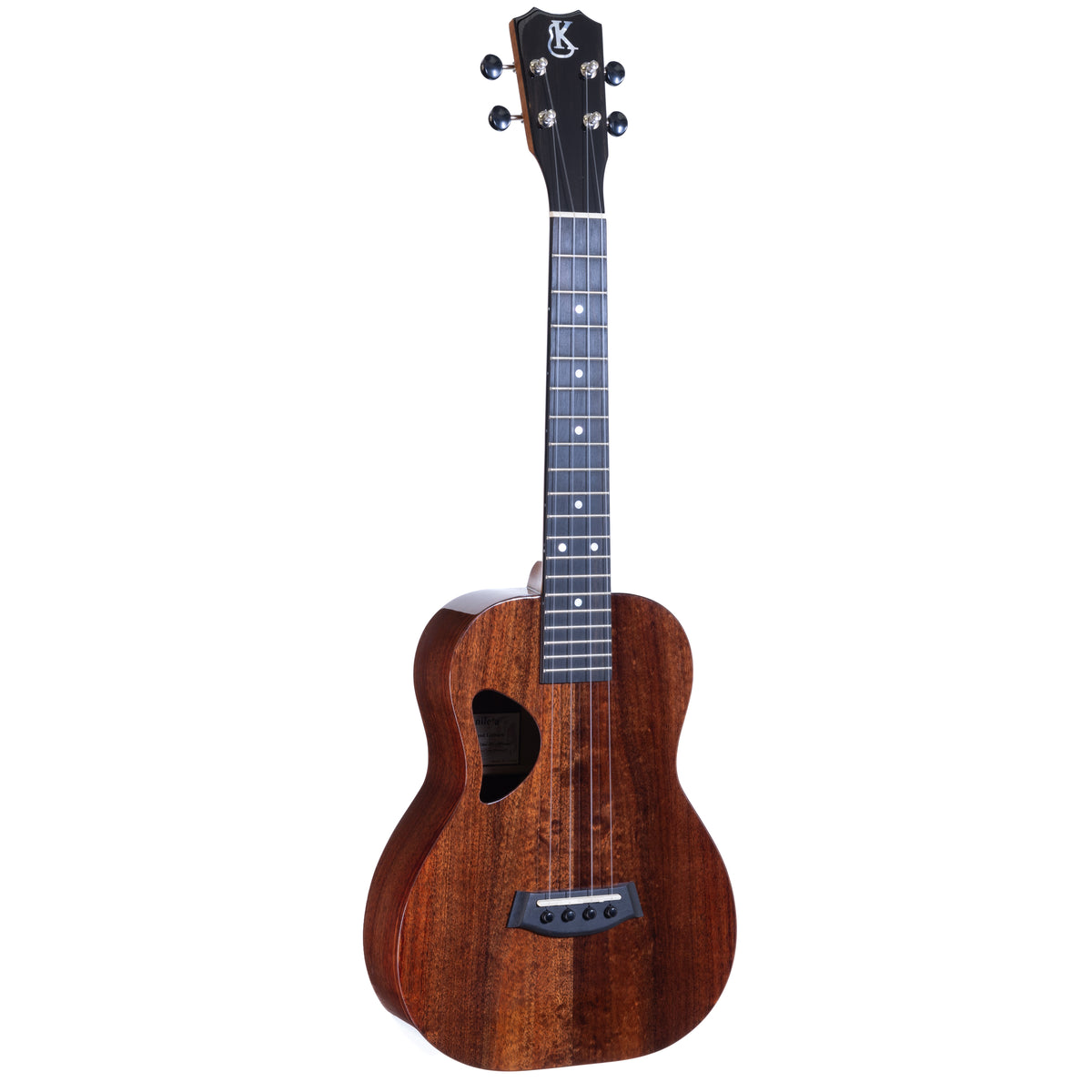 Kanile'a D-1 Deluxe tenor ukulele, serial 30098, front view at an angle showing the koa top and ebony fretboard