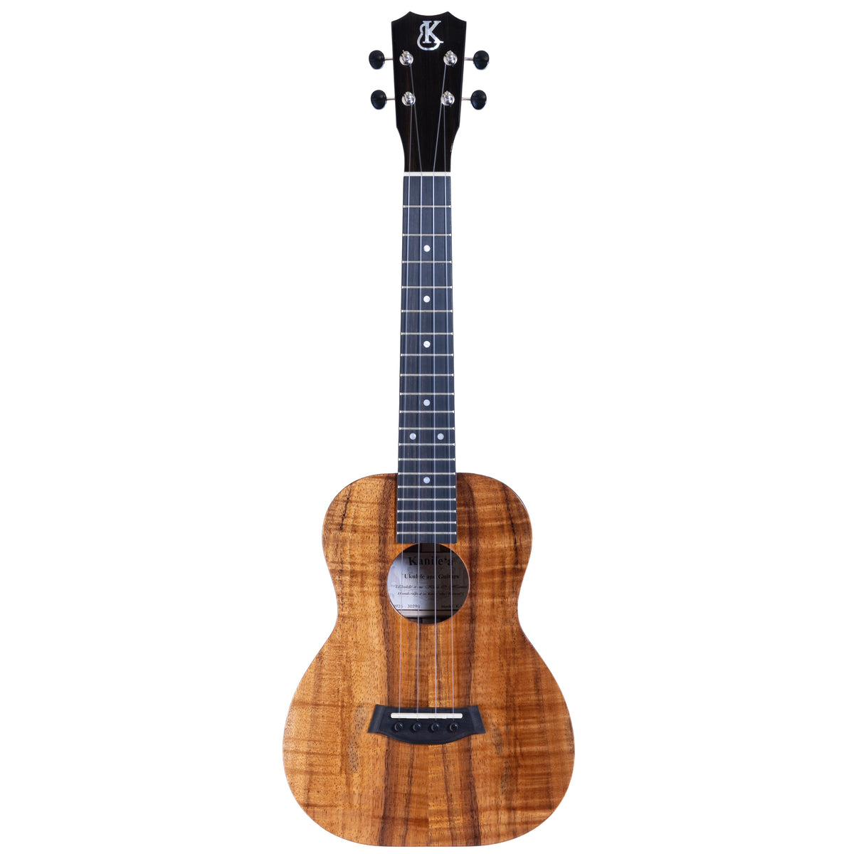 Kanile'a K-1 Deluxe tenor ukulele serial 30298, full front view with crown headstock and gloss koa body