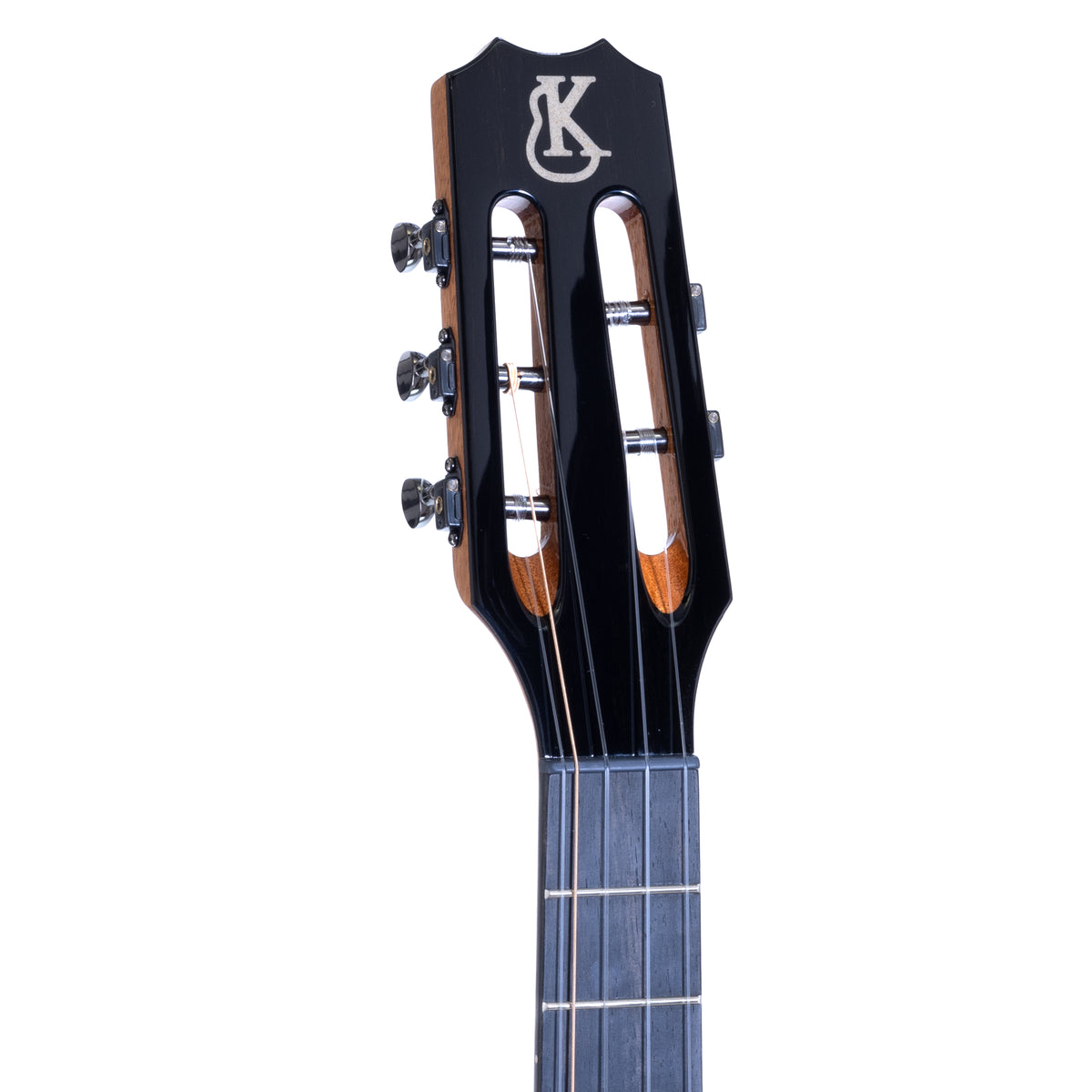 Ebony slotted headstock with Kanile'a logo and black Gotoh Stealth tuners on serial 30288