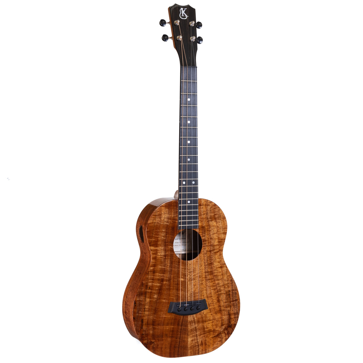 Kanile'a K-1 Pro baritone ukulele serial 29988, front view at an angle showing the koa top and ebony fretboard