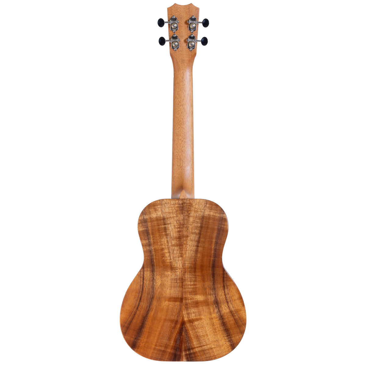 Full back view of Kanile'a D-1 Deluxe tenor ukulele serial 30132 with koa back, mahogany neck and chrome open gear tuners