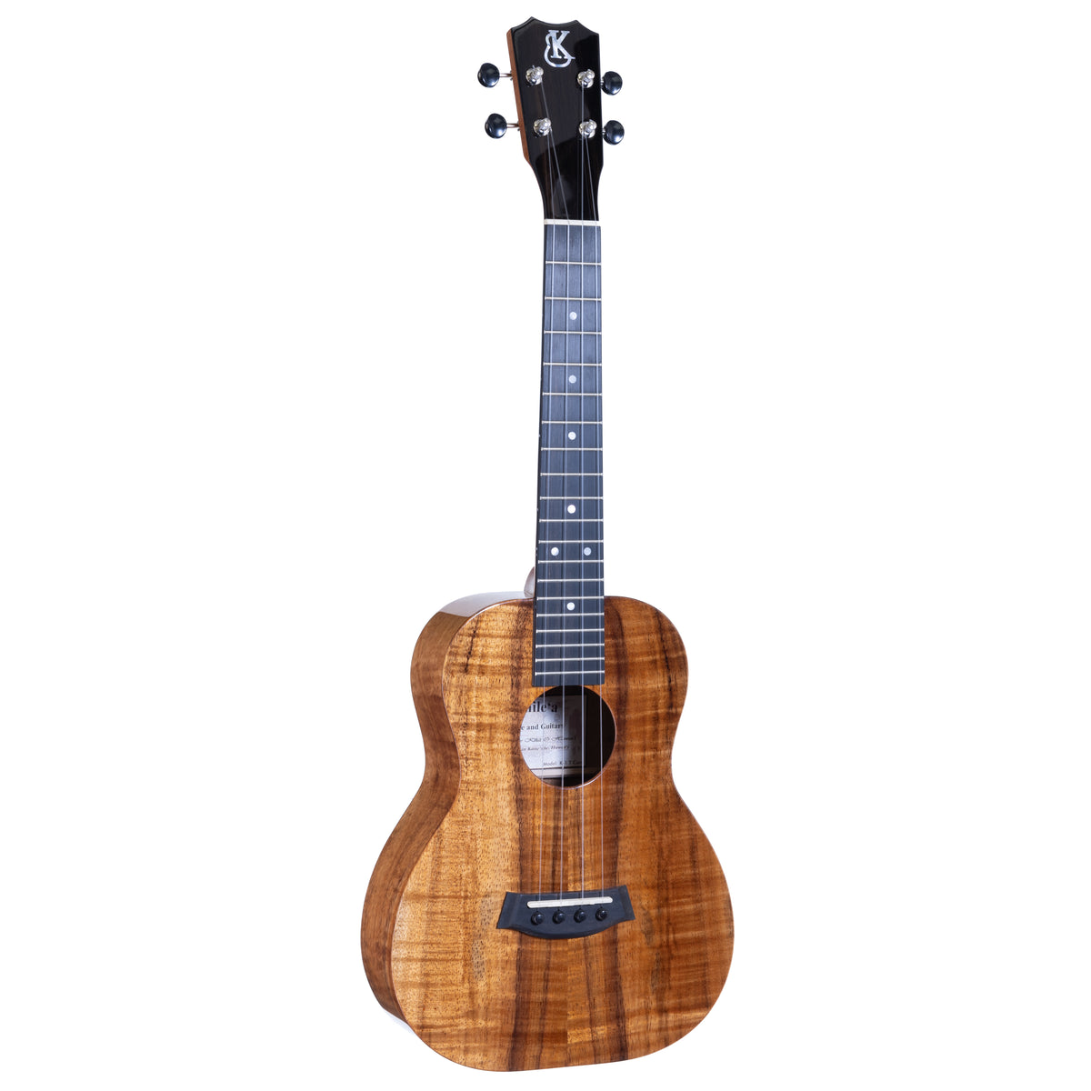 Kanile'a K-1 Deluxe tenor ukulele serial 30298, front view at an angle showing figured koa top and ebony fretboard