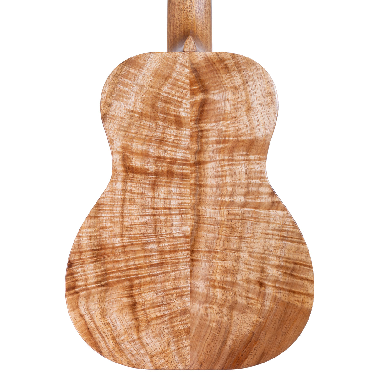 Back of Kanile'a DK-T Pro tenor ukulele serial 30180 showing the koa back grain and mahogany neck heel