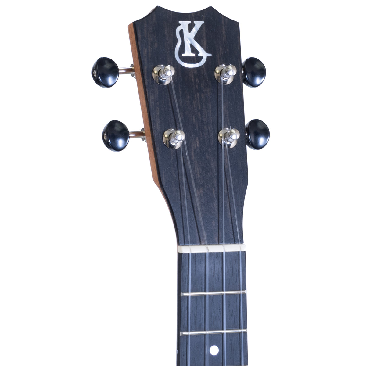 Kanile'a D-1 Natural Koa Concert Ukulele, serial 30095: close-up of the headstock with chrome open-geared tuners and a Crown headstock