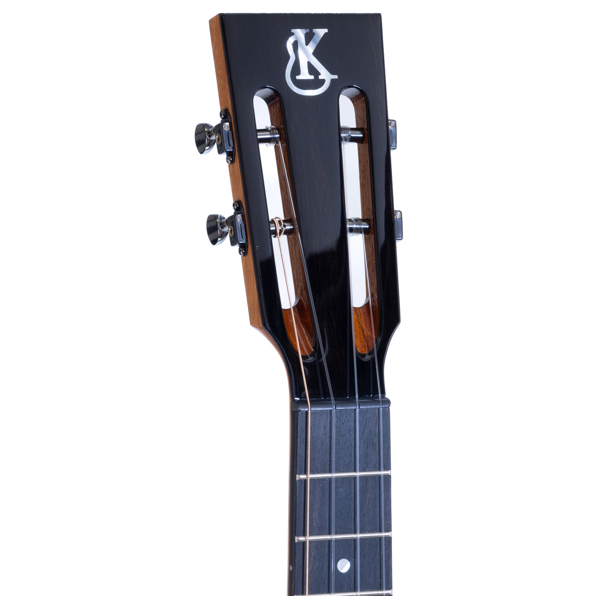Thin slotted ebony headstock with white mother-of-pearl Kanile'a logo and black Gotoh Stealth tuners on Kanile'a DK-T Pro tenor ukulele, serial 30212