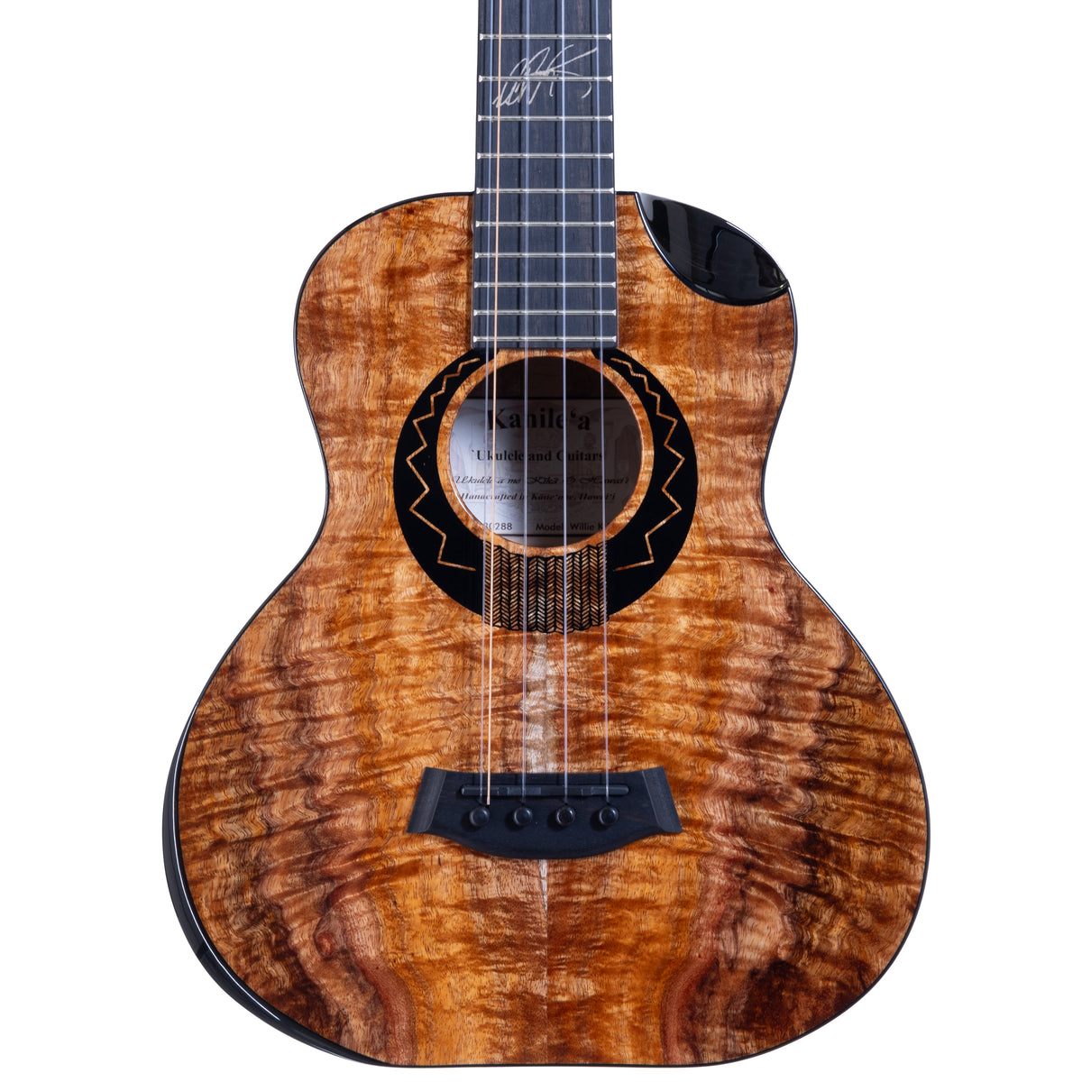 Upper bout of Kanile'a Willie K 5-string super tenor ukulele serial 30288 showing the koa top grain, bevel cutaway and soundhole rosette