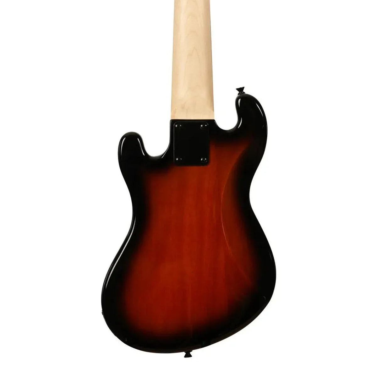 Body back of the Kala UBASS-SB5-TB-FL Tobacco Burst Solid Body Fretless 5-String U•BASS, with the base of the neck