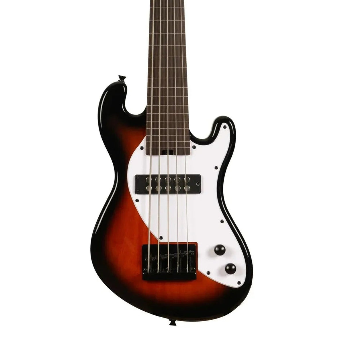 Body front of the Kala UBASS-SB5-TB-FL Tobacco Burst Solid Body Fretless 5-String U•BASS, with some of the fretboard