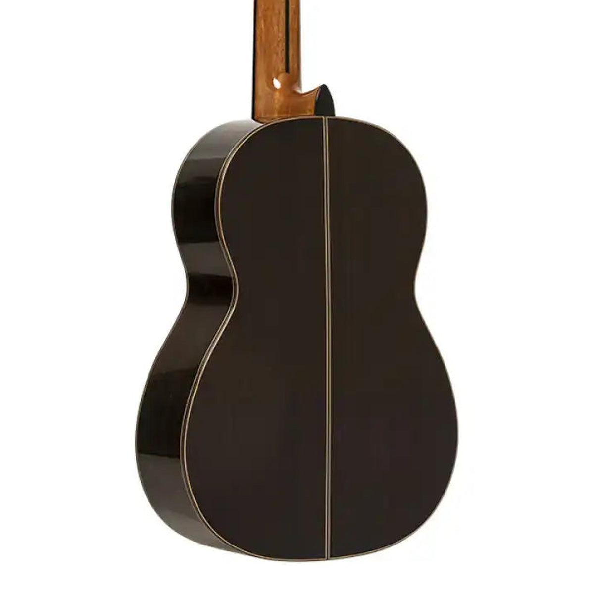 Body back of the Mazuelo-SR Solid Spruce Top Classical Guitar, with the base of the neck