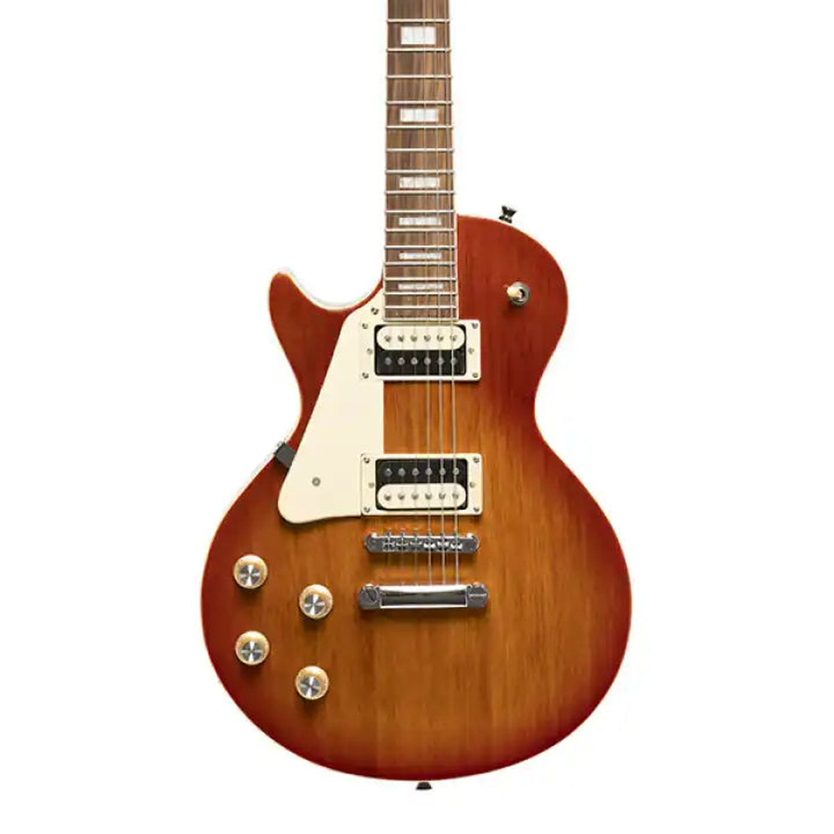 Body front of the Stagg SEL-STD Standard Series Electric Guitar - Violin Burst Left-Handed, with some of the fretboard