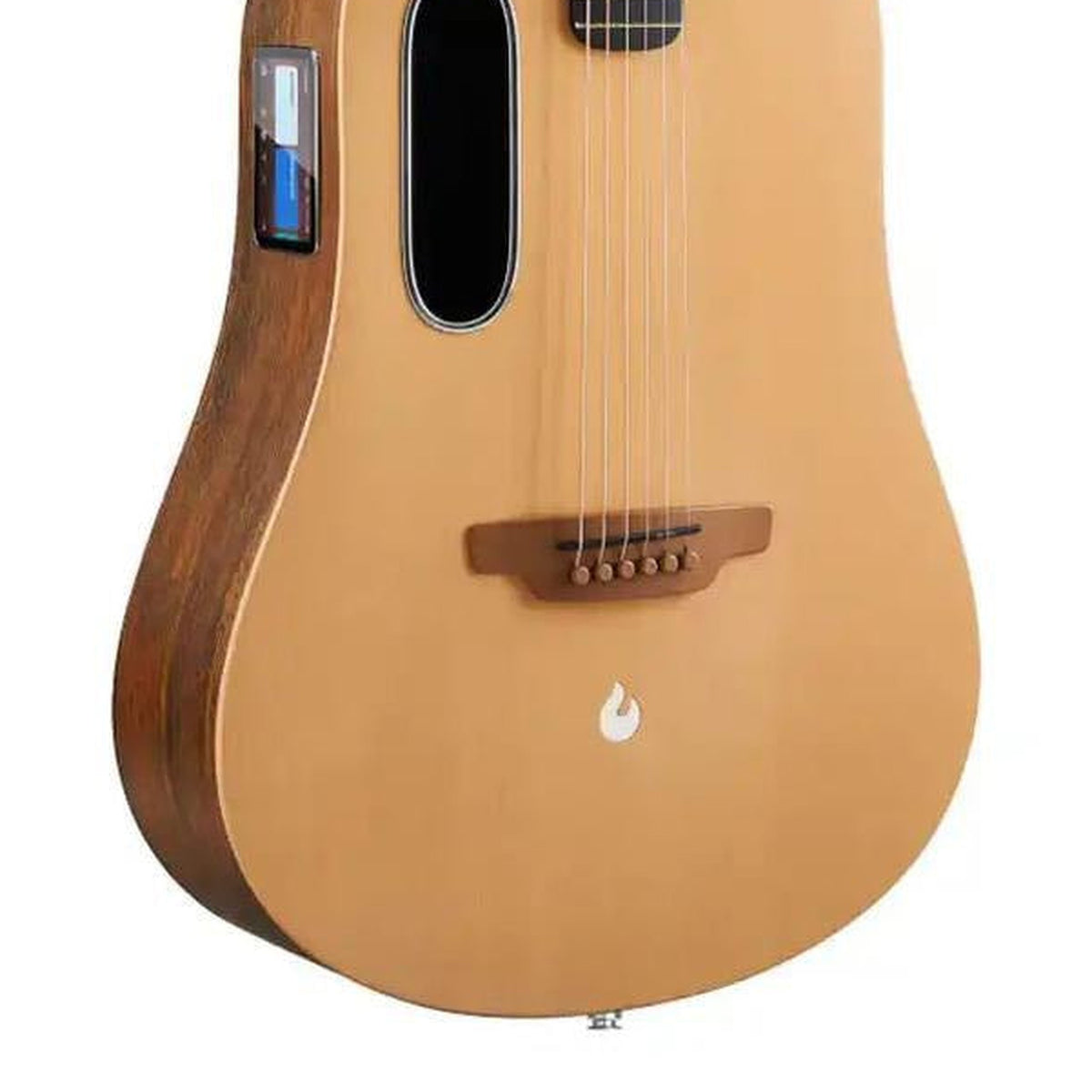 Body front of the LAVA ME 4 41" Natural Spruce Acoustic-Electric Guitar, with some of the fretboard